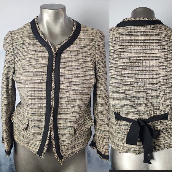 Ann Taylor Loft Tweed Fringe Tan and Black Collarless Blazer | Women's 6 - Picture 1 of 16